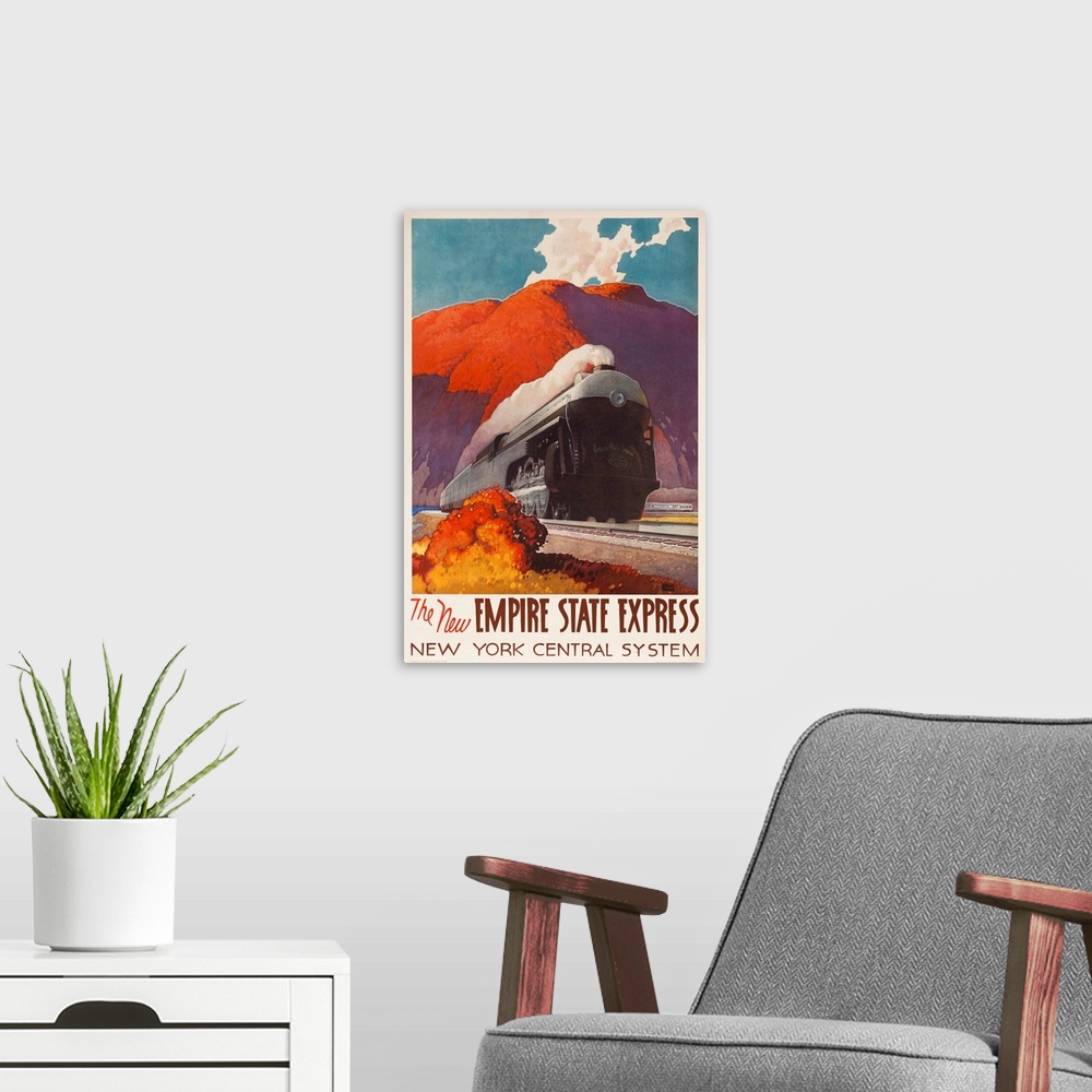A modern room featuring Travel poster for the New York Central System Rail showing a steaming locomotive engine pulling a...