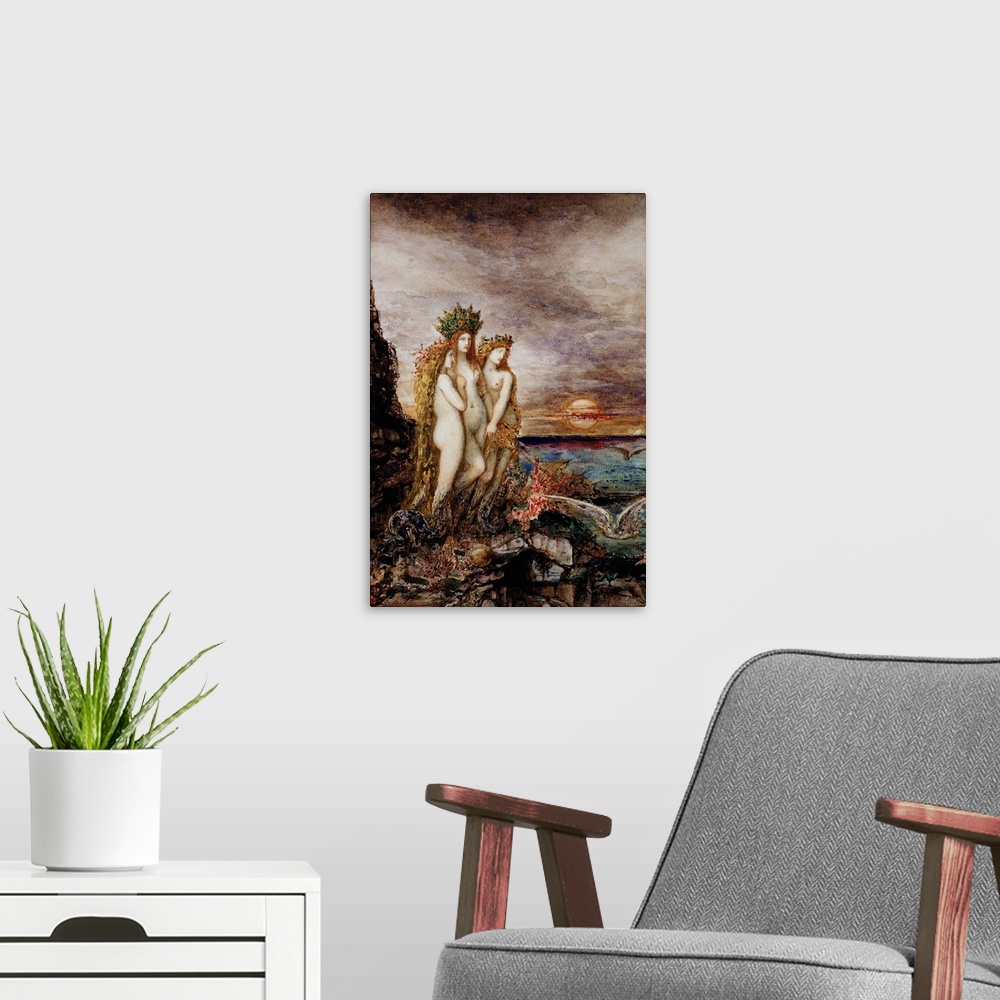A modern room featuring The Sirens By Gustave Moreau