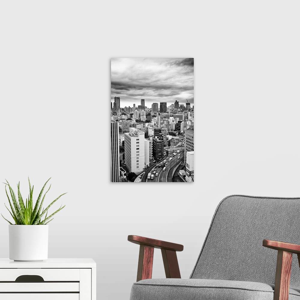 A modern room featuring Tokyo Skyline shot from Tamachi converted to B&W.