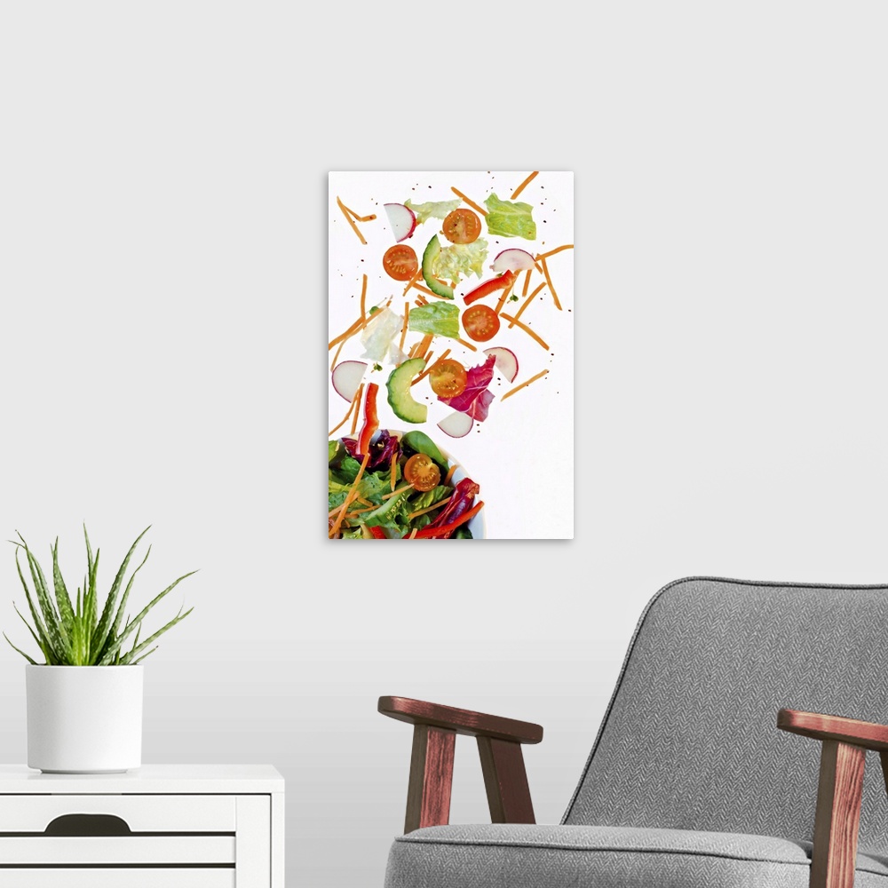 A modern room featuring Fresh salad ingredients on a white background.
