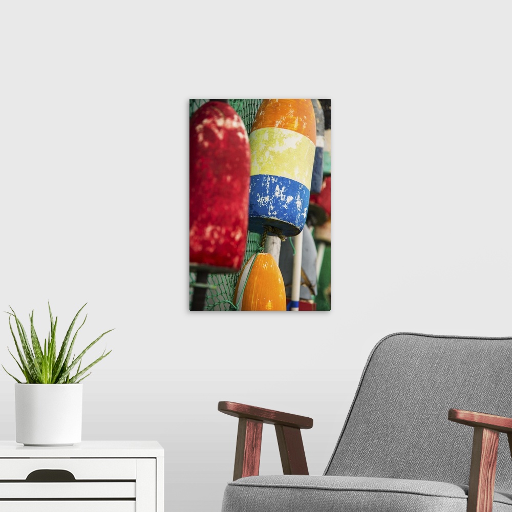 A modern room featuring USA, Maine, Camden, Close-up of colorful lobster buoys