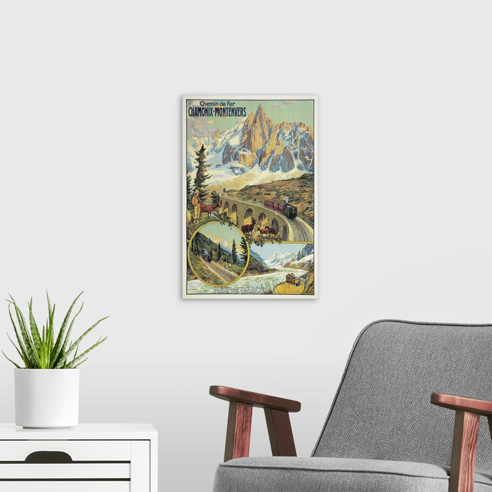 A modern room featuring Vintage Travel Poster for Chamonix, France