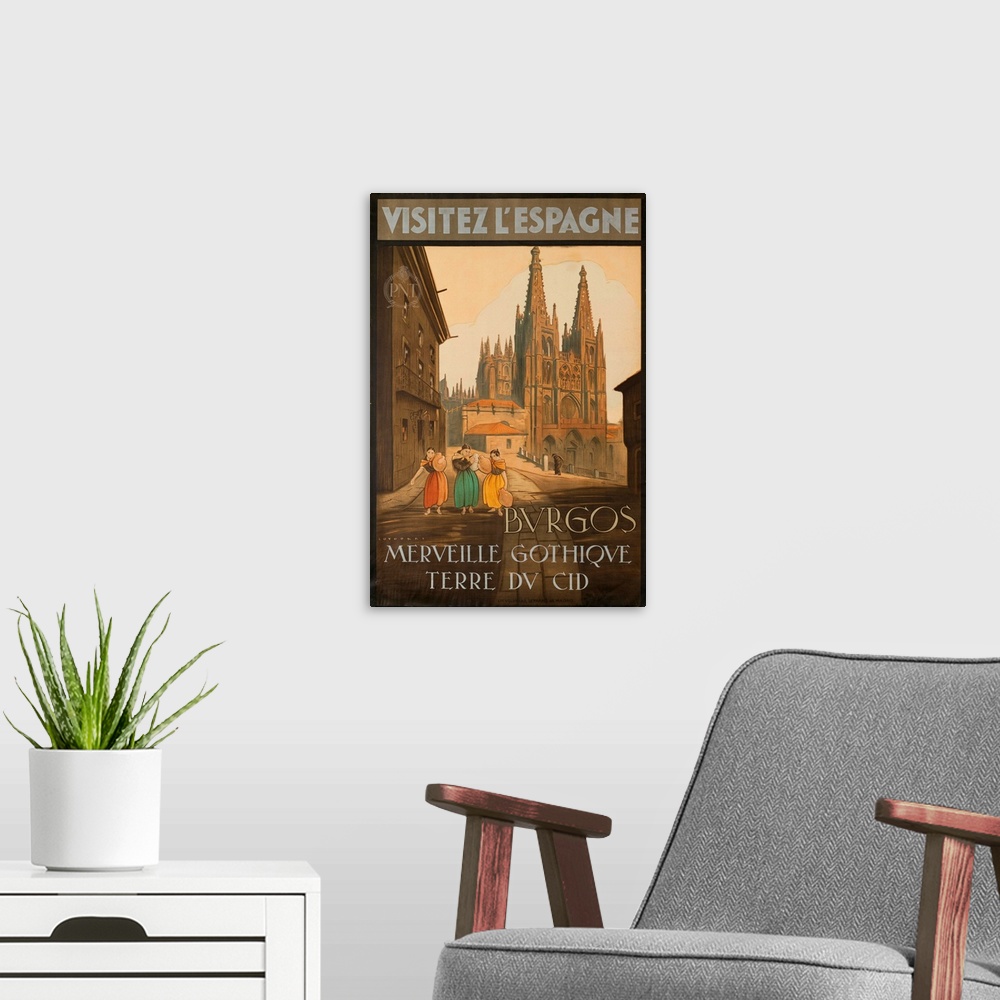 A modern room featuring ca 1920s, Gothic cathederal towers over street scene and three women in colorful dresses carrying...