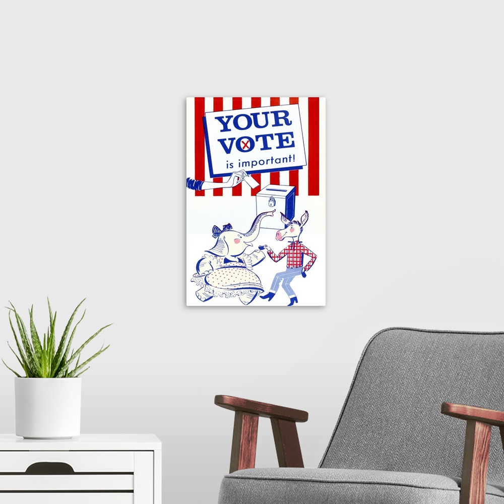 A modern room featuring Your Vote Is Important Election Poster