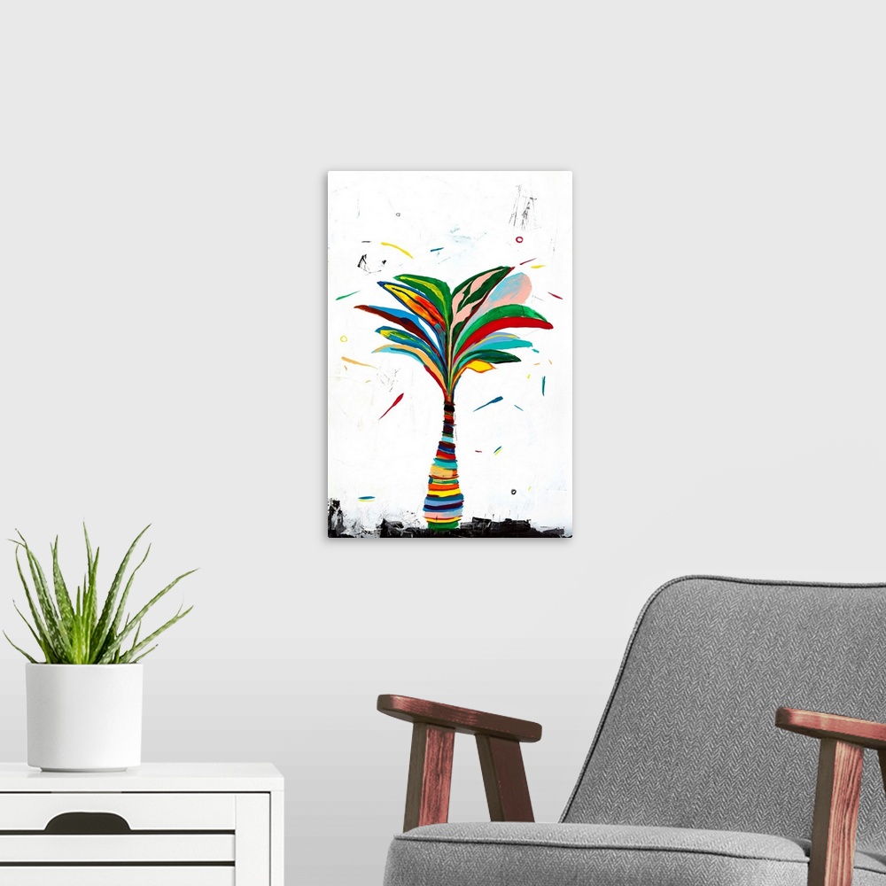A modern room featuring Abstract painting of a colorful palm tree on a white background with dashes of color.