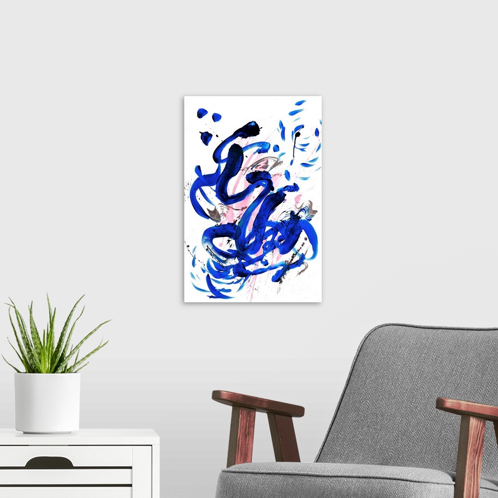 A modern room featuring Busy abstract painting created with bold, sporadic lines in royal blue and pink hues with a hint ...