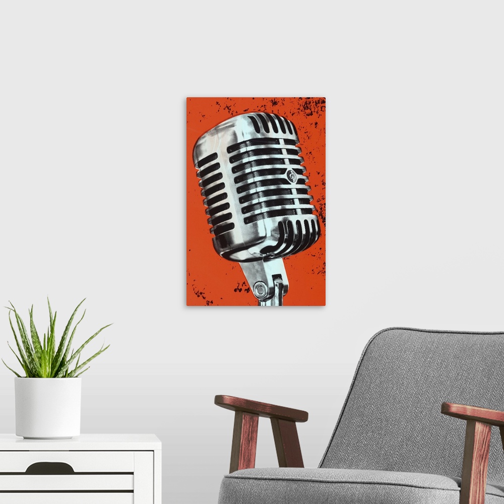 A modern room featuring Contemporary pop art style artwork of a microphone against a dark orange background.