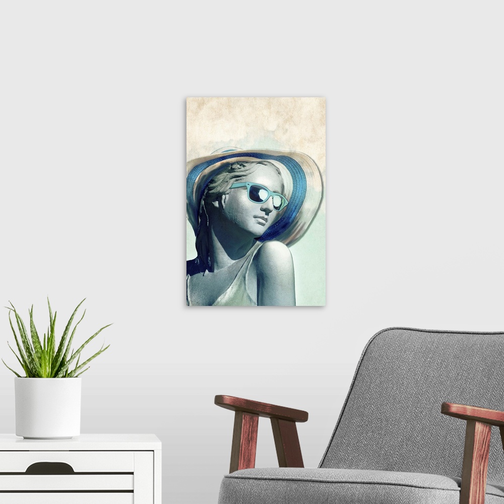 A modern room featuring Illustration of a statue wearing a large sun hat and blue sunglasses.