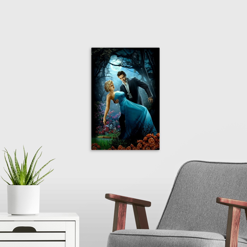 A modern room featuring Digital art painting of Marilyn and James Dean in a twilight embrace by JJ Brando.