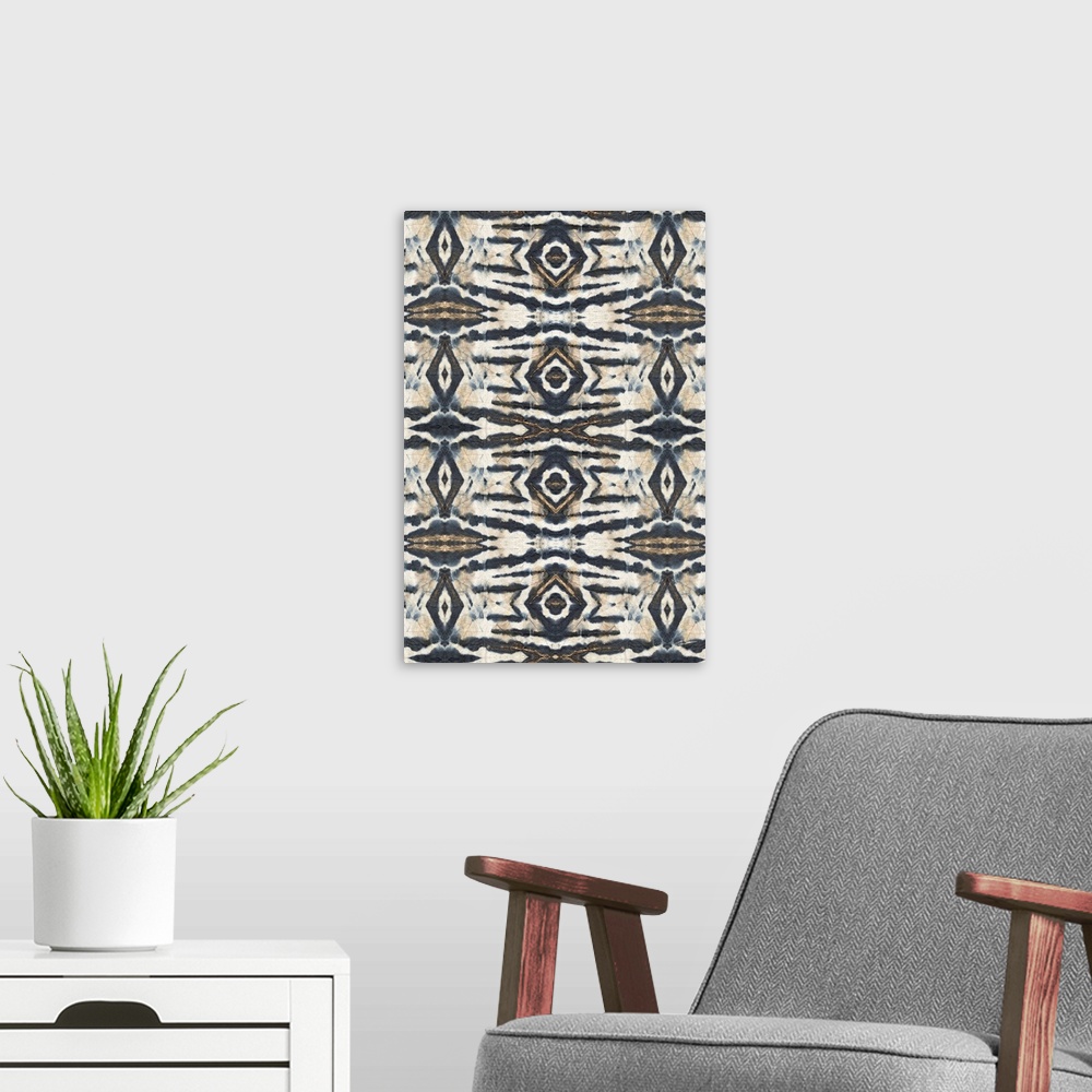 A modern room featuring An abstract geometric shibori cloth panel.