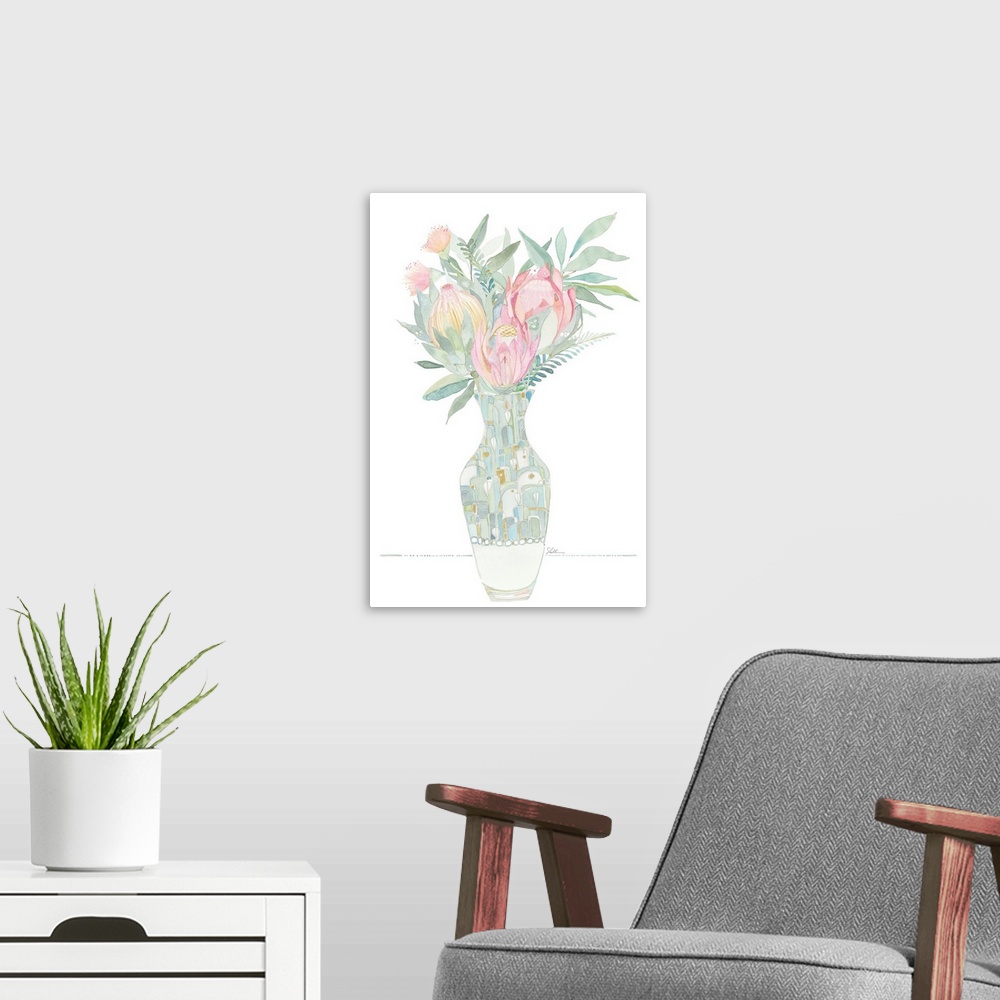 A modern room featuring Hand painted watercolor painting of abstracted flowers and leaves in a painted vase