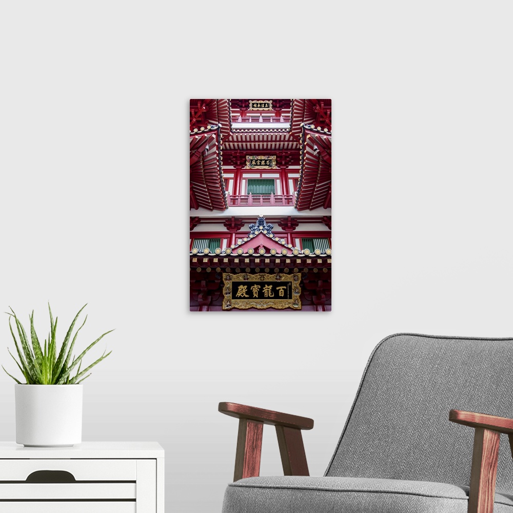A modern room featuring Architectural roof detail of the Buddha Tooth Relic Temple and Museum, South Bridge Road, SIngapore.