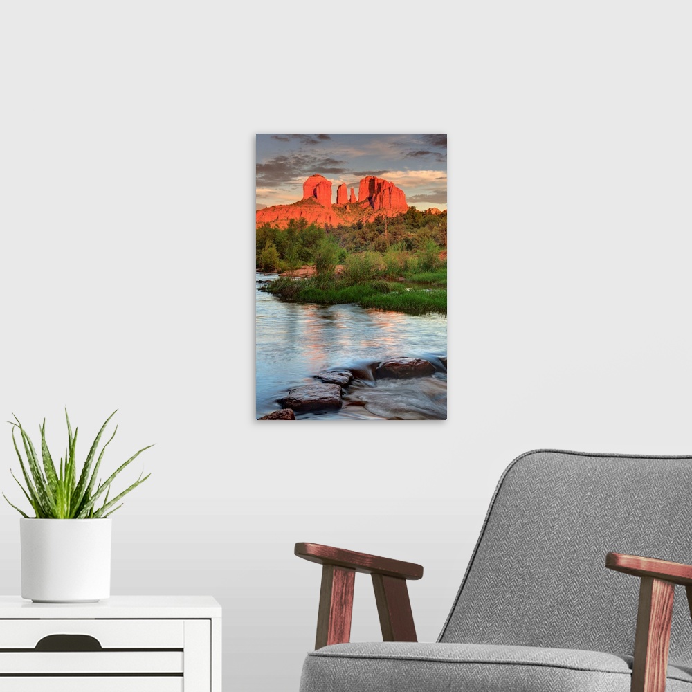 A modern room featuring USA, Arizona, Sedona, Cathedral Rock glowing at sunset