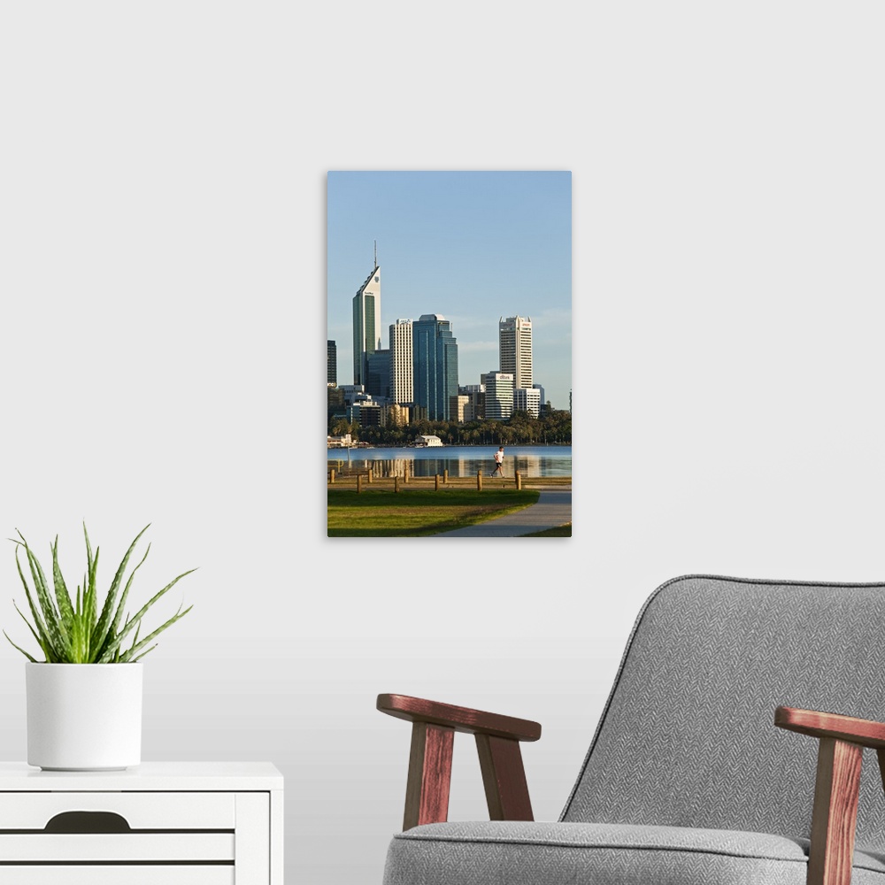 A modern room featuring Australia, Western Australia, Perth. View across South Perth Foreshore to city skyline.