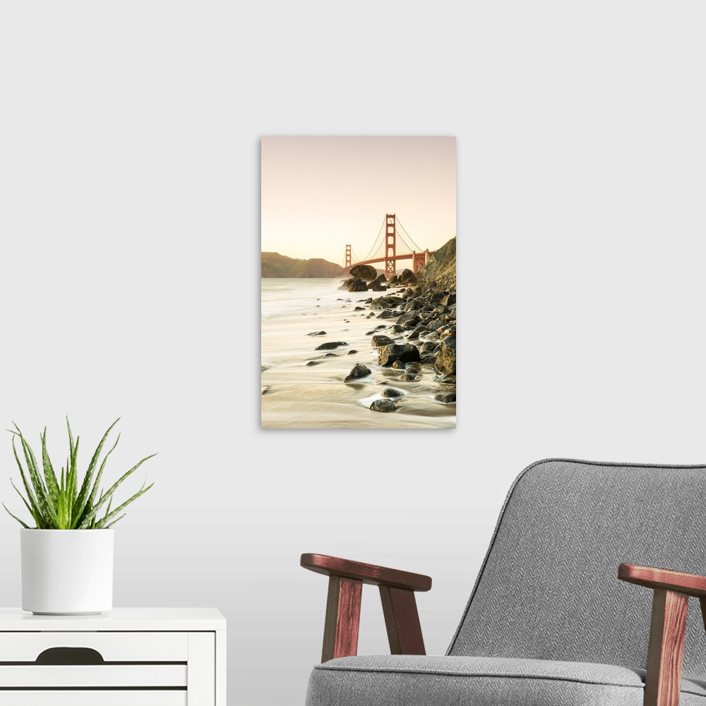 A modern room featuring North America, USA, America, California, San Francisco, sunset over the golden gate bridge from m...