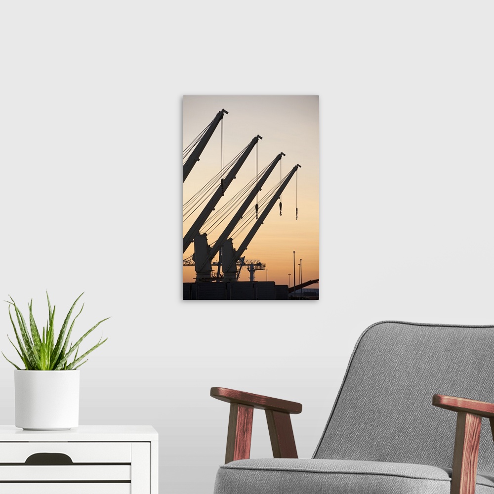 A modern room featuring Dock Cranes, Liverpool Docks, North West England.