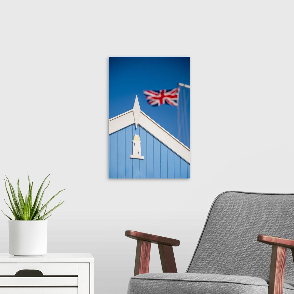 A modern room featuring UK, England, Suffolk, Southwold, Promenade, Beach Hut and Union Flag.
