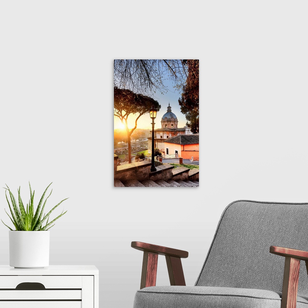 A modern room featuring Italy, Rome, Colosseum and Roman Forum at sunrise