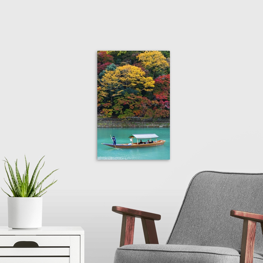 A modern room featuring Asia, Japan, Honshu, Kyoto, Arashiyama, autumn colours on Kiyotaki river.