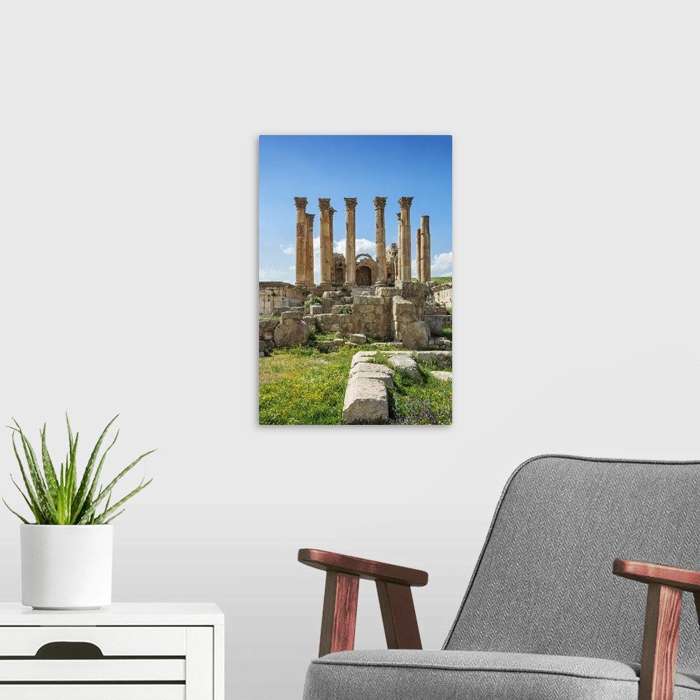 A modern room featuring Jordan, Jerash. The ruins of the sacred Temple of Artemis in the ancient Roman city of Jerash. .