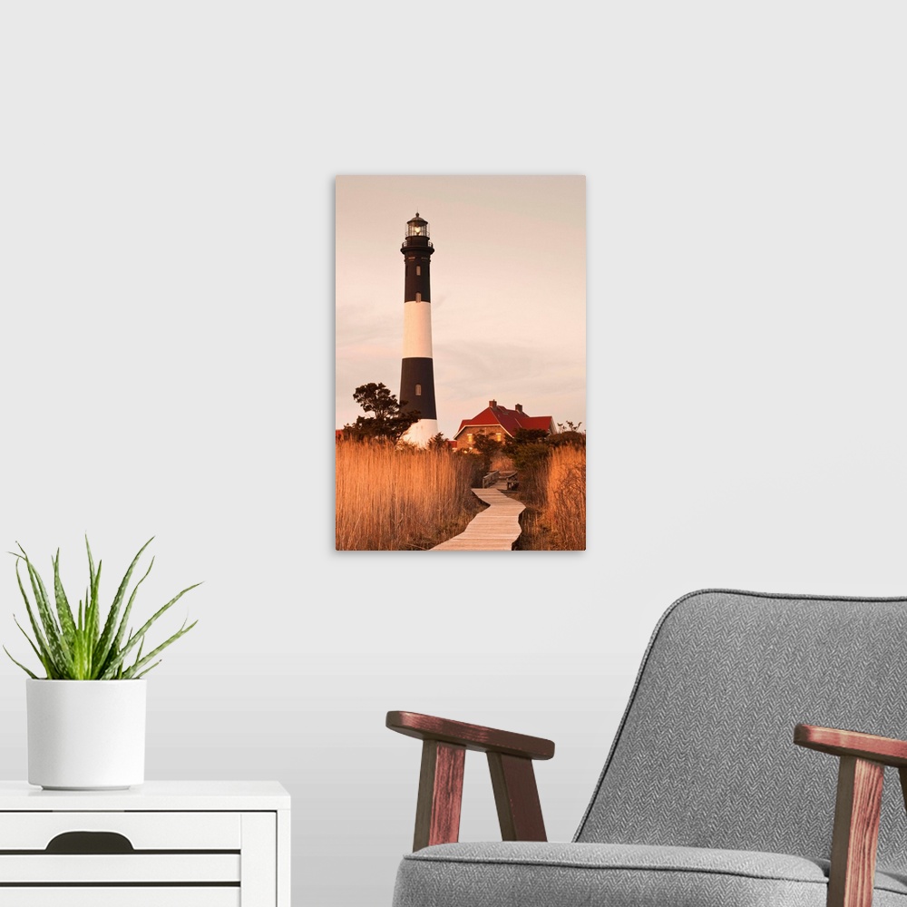 A modern room featuring USA, New York, Long Island, Fire Island, Robert Moses State Park, Fire Island Lighthouse, sunset