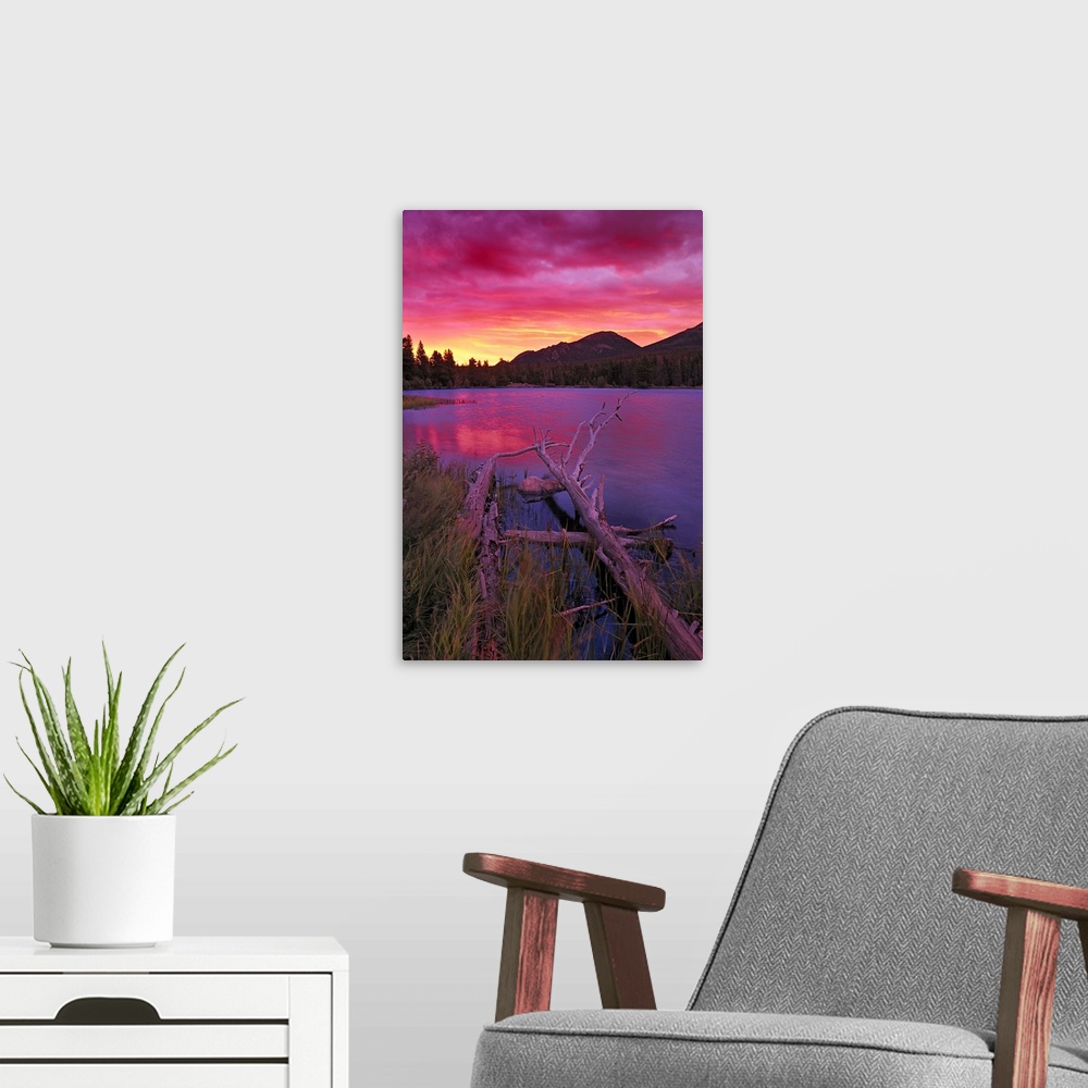 A modern room featuring Sprague Lake at sunrise in the Rocky Mountain National Park, Colorado, USA