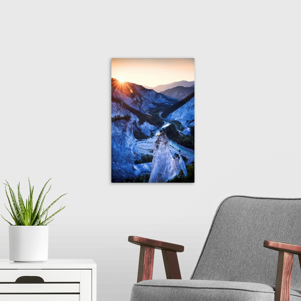 A modern room featuring Sunrise from above at Rhine Gorge(Ruinaulta), Flims, District of Imboden, Canton of Grisons, Swit...