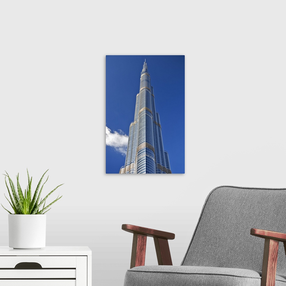 A modern room featuring The Burj Khalifa (Armani Hotel) designed by Skidmore Owings and Merrill, Business Bay, Dubai, The...