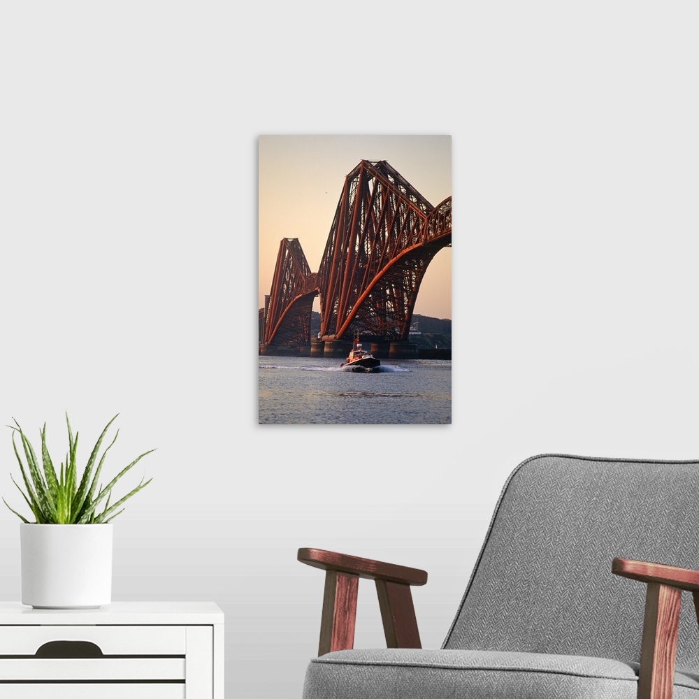 A modern room featuring The Forth Rail Bridge, Firth of Forth, Edinburgh, Scotland. The 2.5 km.(1.5 mile) Bridge was the ...