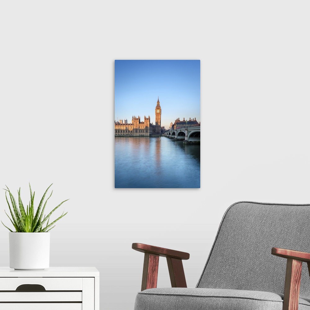 A modern room featuring United Kingdom, England, London. Westminster Bridge, Palace of Westminster and the clock tower of...