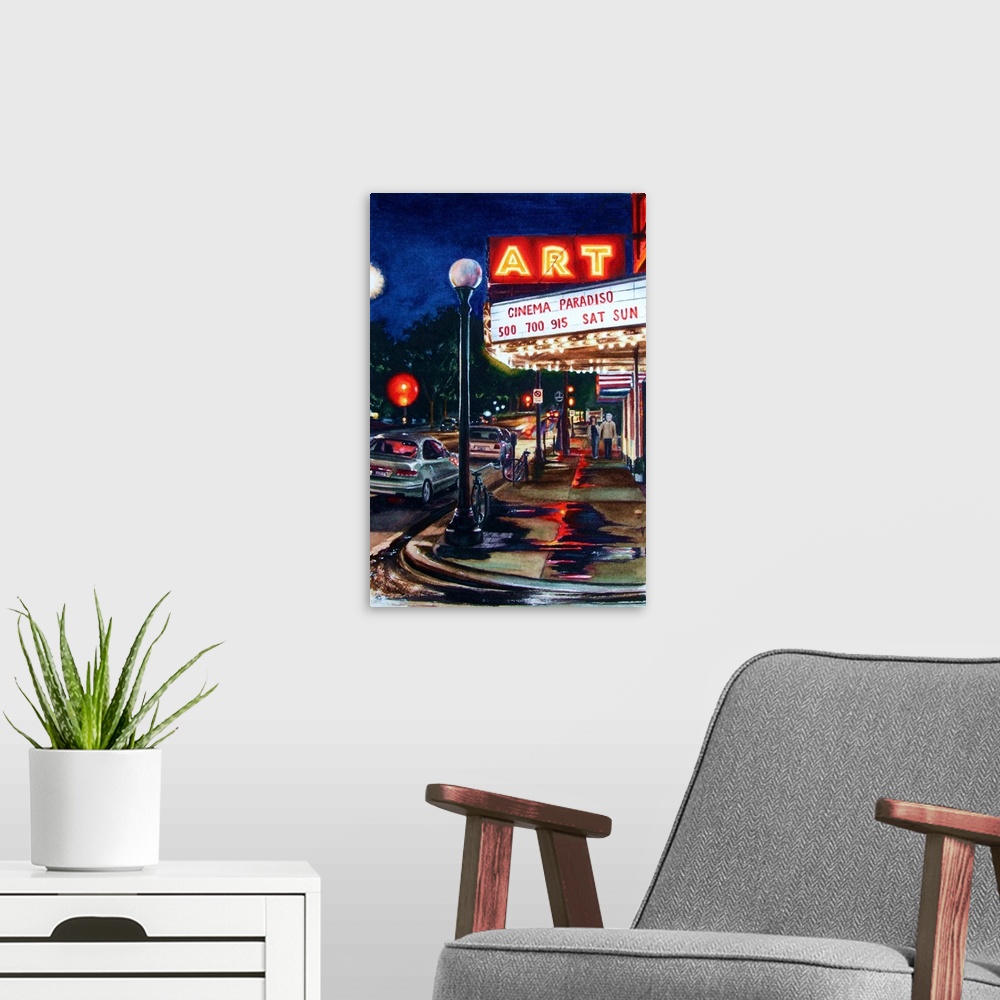 A modern room featuring A contemporary watercolor painting of a couple walking towards the Champaign's Art Theater in Ill...