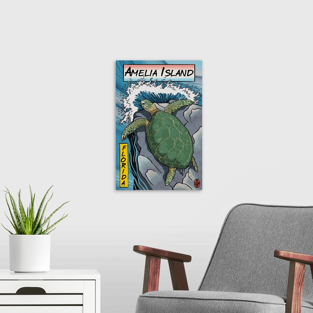 A modern room featuring Amelia Island, Florida, Sea Turtle, Woodblock Print