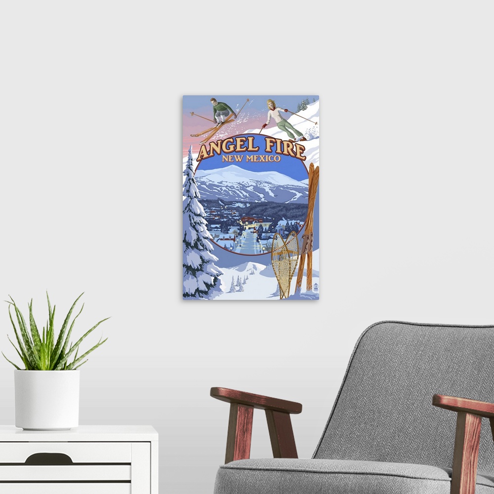 A modern room featuring Retro stylized art poster of a collage of winter sports gear and skiers with a mountain village i...