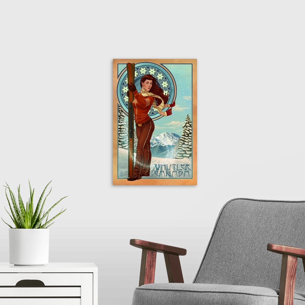 A modern room featuring Art Nouveau Skier - Whistler, Canada: Retro Travel Poster