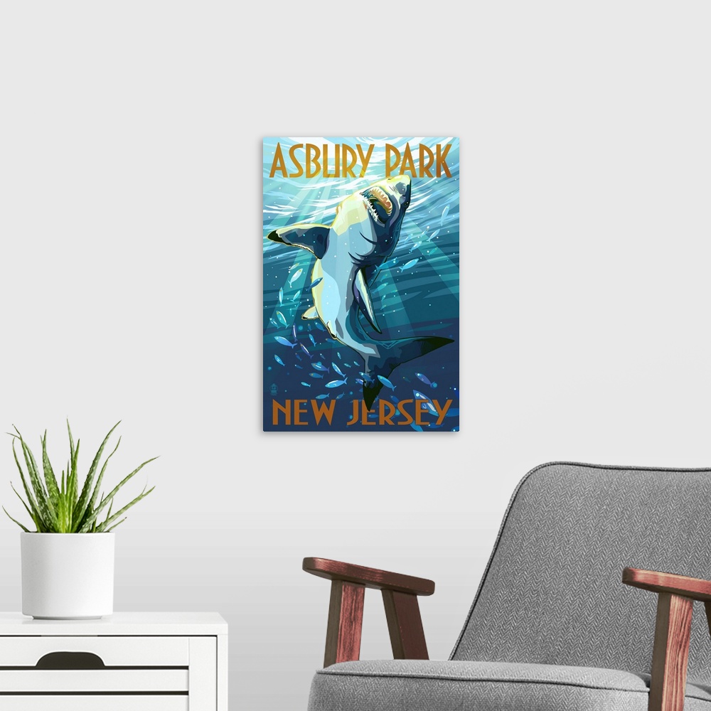 A modern room featuring Asbury Park, New Jersey - Stylized Shark: Retro Travel Poster