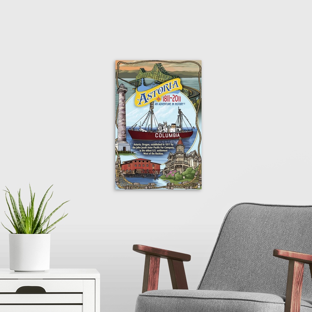 A modern room featuring Astoria, Oregon Montage - Bicentennial: Retro Travel Poster