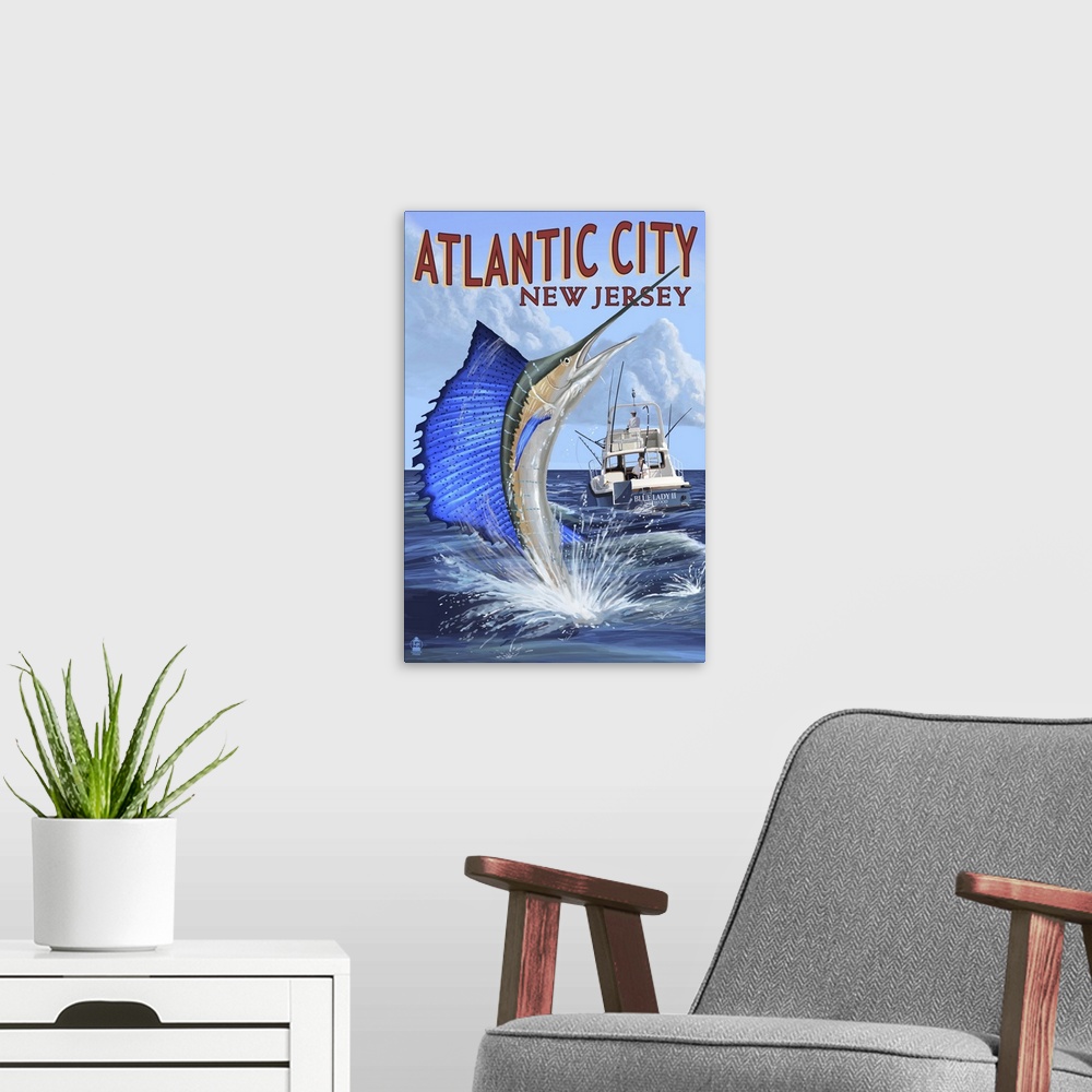 A modern room featuring Atlantic City, New Jersey - Sailfish Deep Sea Fishing: Retro Travel Poster