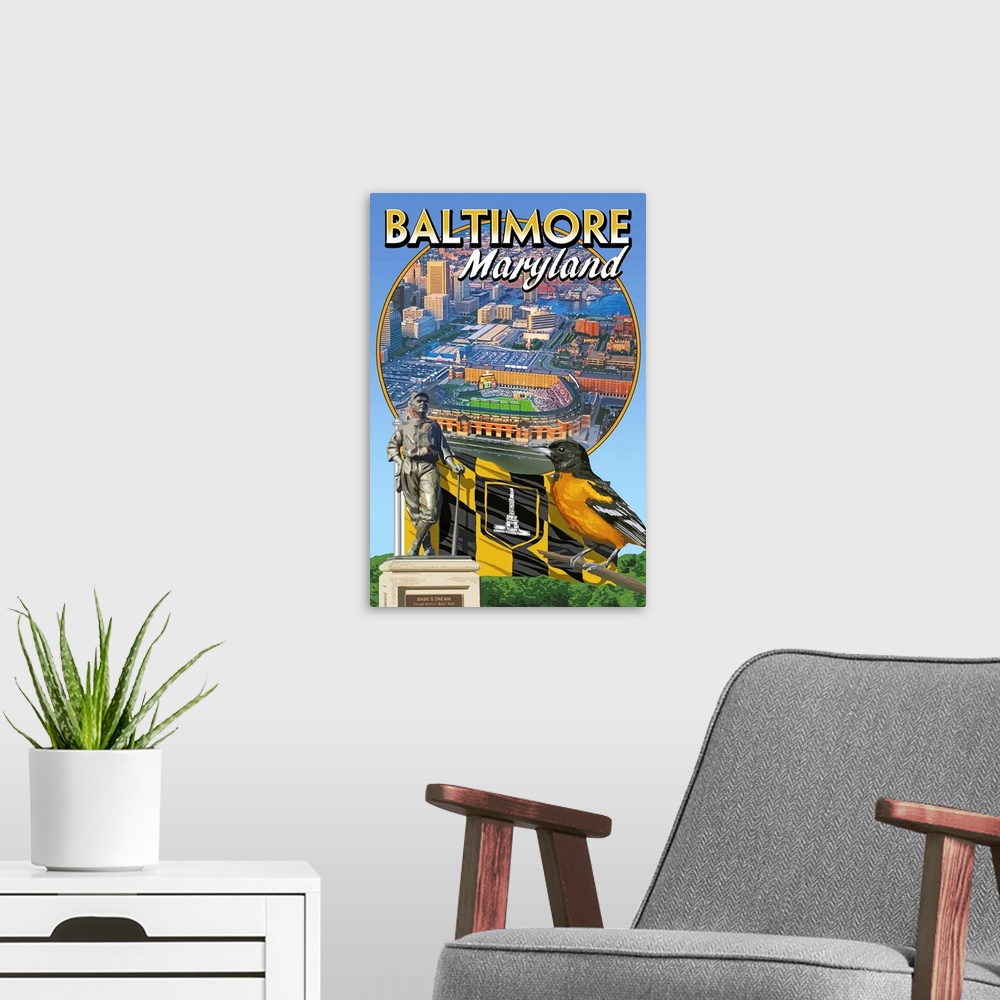A modern room featuring Baltimore, Maryland - Baseball Montage: Retro Travel Poster
