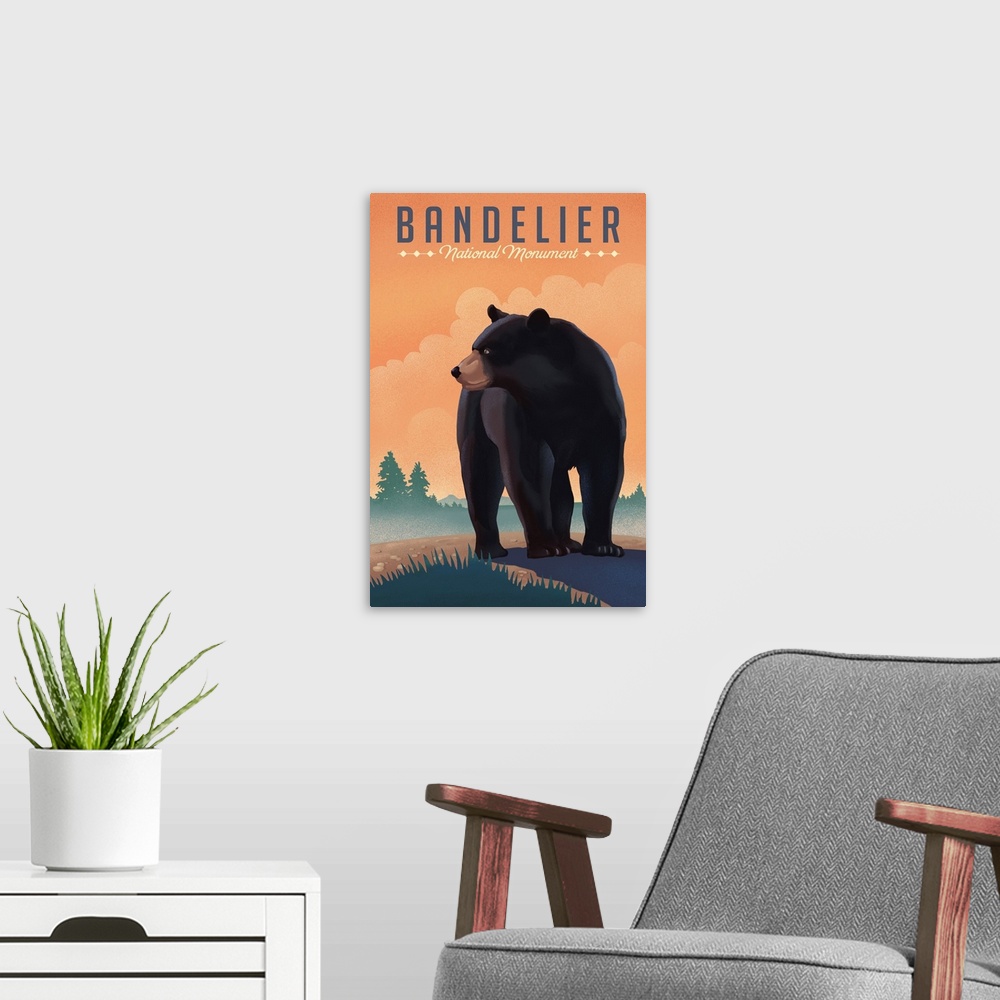 A modern room featuring Bandelier National Monument, New Mexico - Black Bear - Lithograph