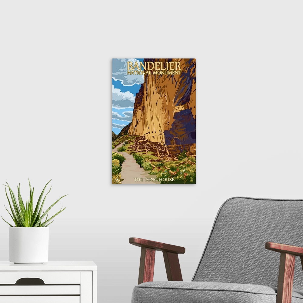 A modern room featuring Bandelier National Monument, New Mexico - The Long House: Retro Travel Poster