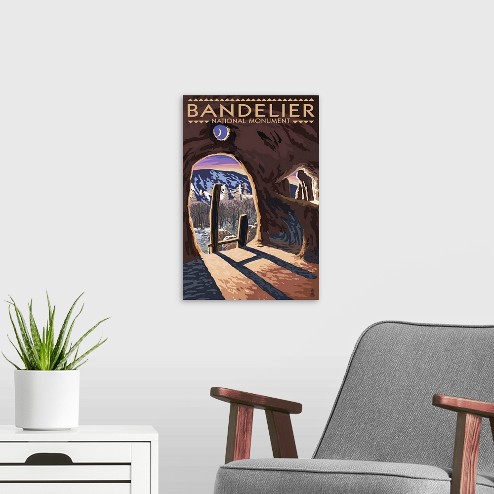 A modern room featuring Bandelier National Monument, New Mexico - Twilight View: Retro Travel Poster
