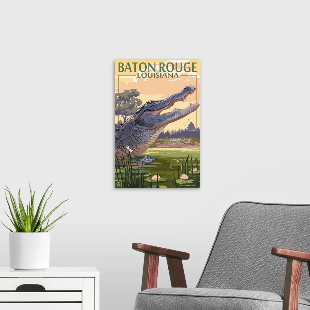 A modern room featuring Baton Rouge, Louisiana - Alligator Scene: Retro Travel Poster