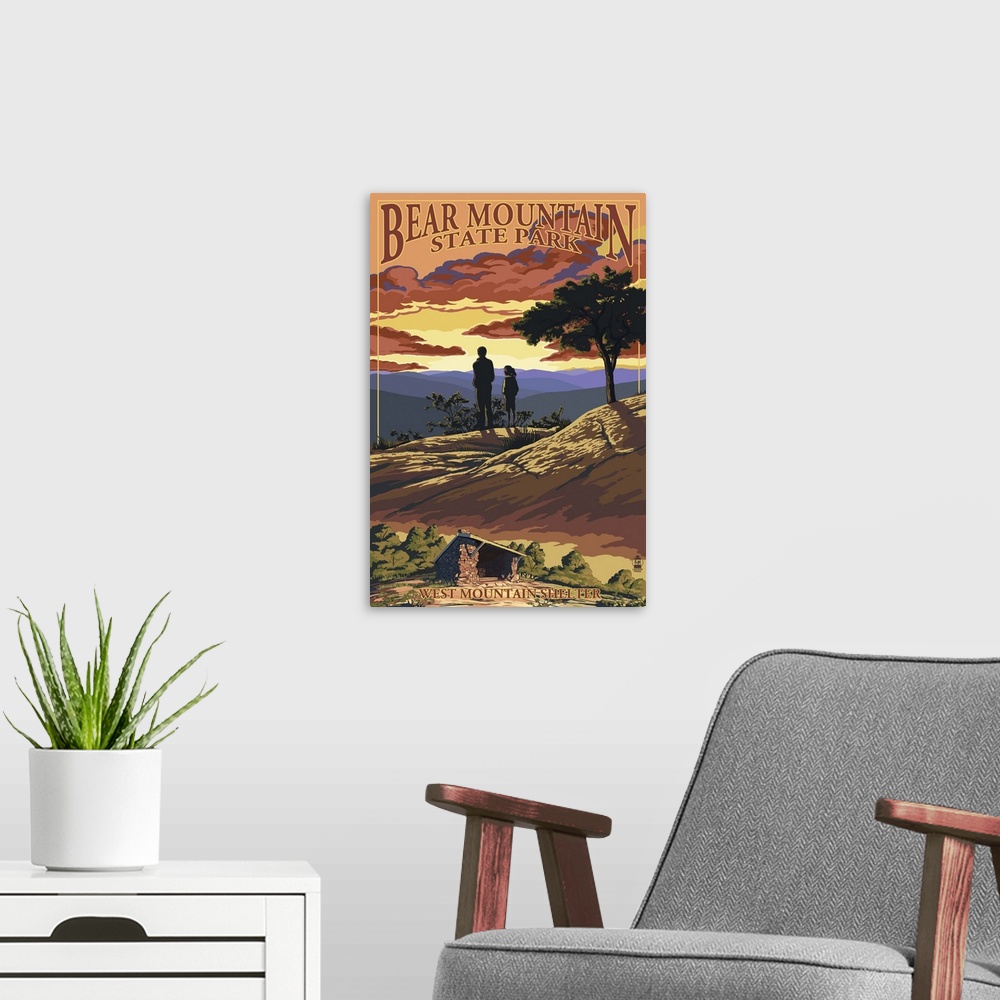 A modern room featuring Bear Mountain State Park, New York - West Mountain Shelter: Retro Travel Poster