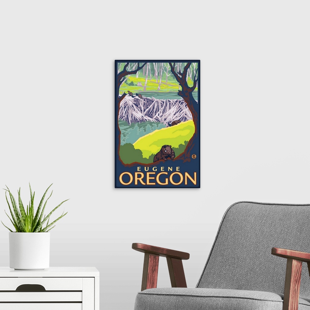A modern room featuring Beaver Family - Eugene, Oregon: Retro Travel Poster