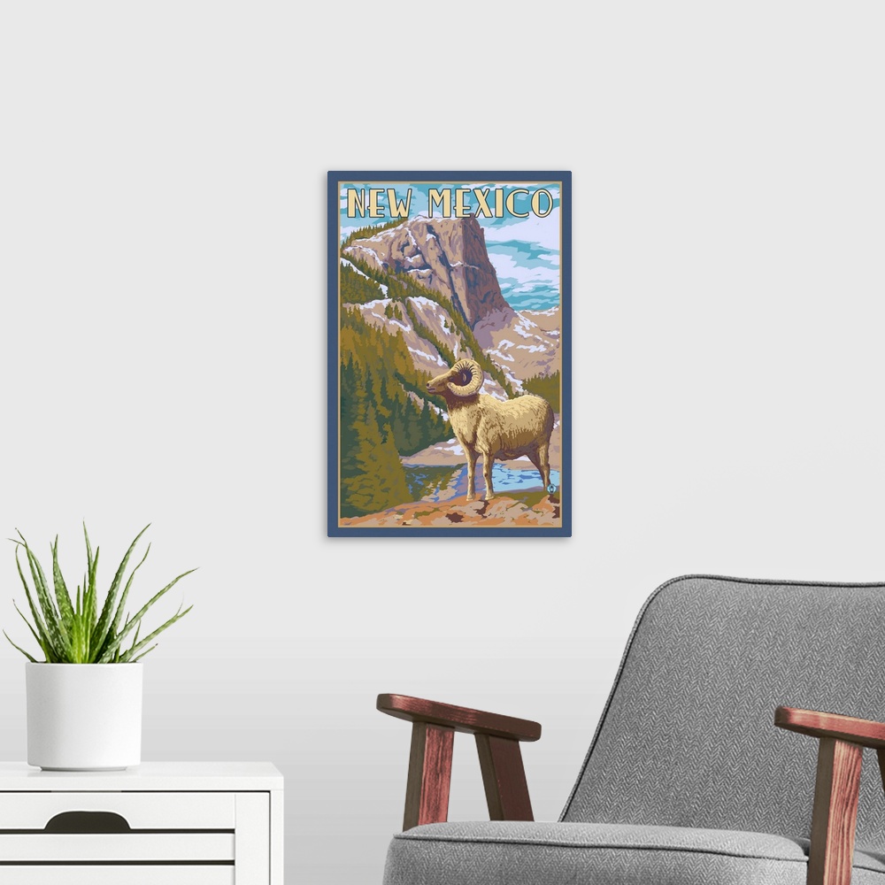 A modern room featuring Retro stylized art poster of a full curl ram standing in a mountainous valley.