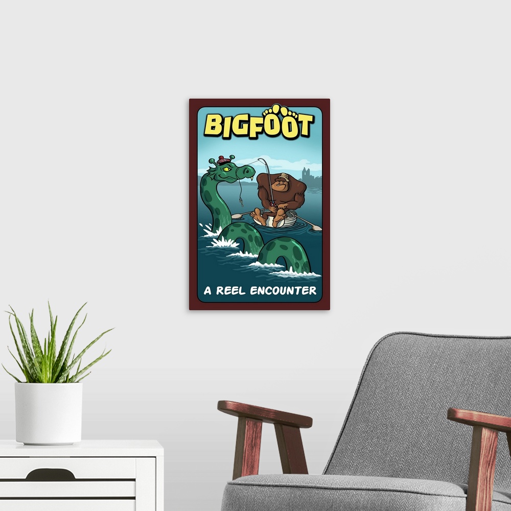 A modern room featuring Bigfoot Catches Loch Ness Monster
