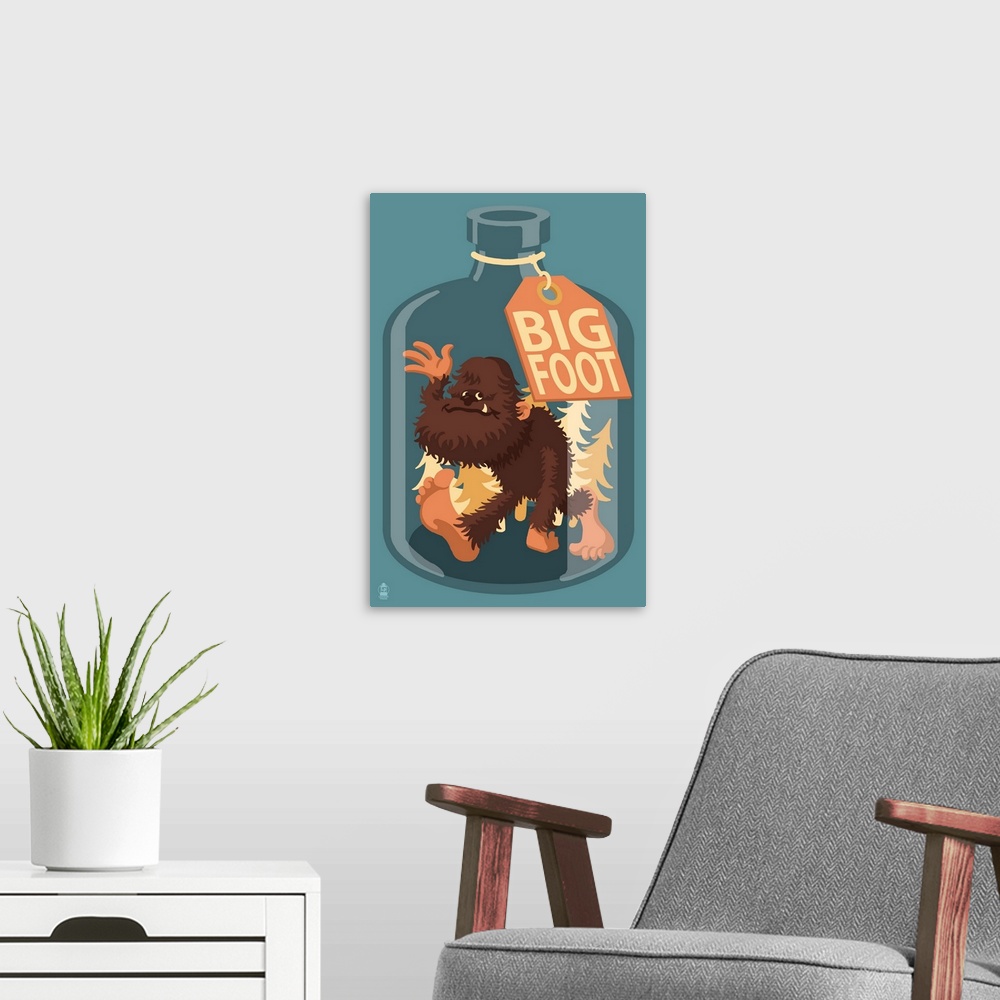 A modern room featuring Bigfoot in a Bottle