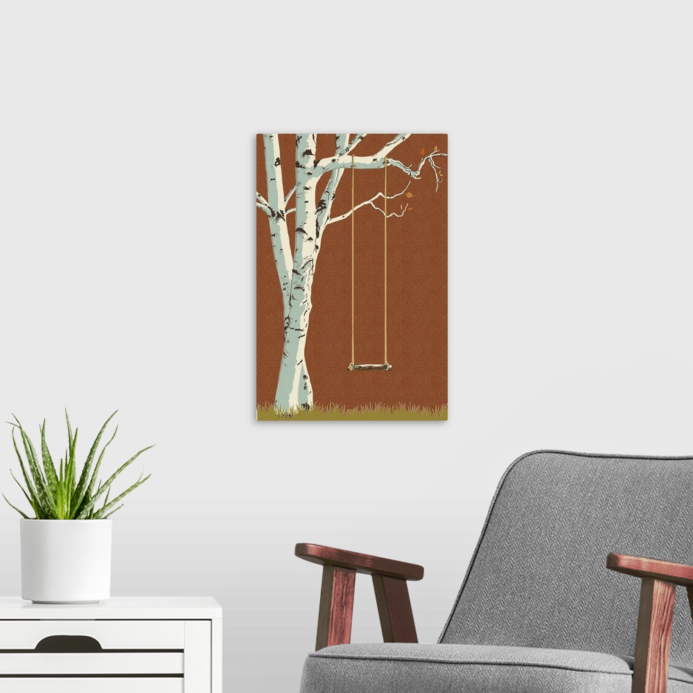 A modern room featuring Birch Tree - Letterpress: Retro Travel Poster