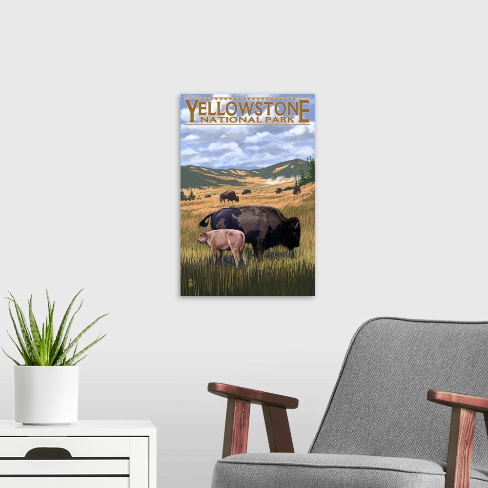 A modern room featuring Bison and Calf Grazing, Yellowstone National Park
