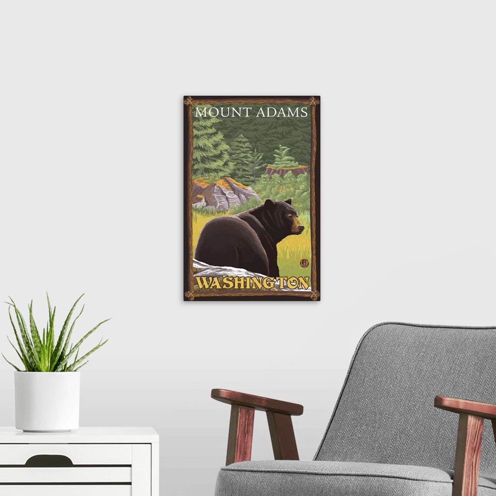 A modern room featuring Black Bear in Forest - Mount Adams, Washington: Retro Travel Poster